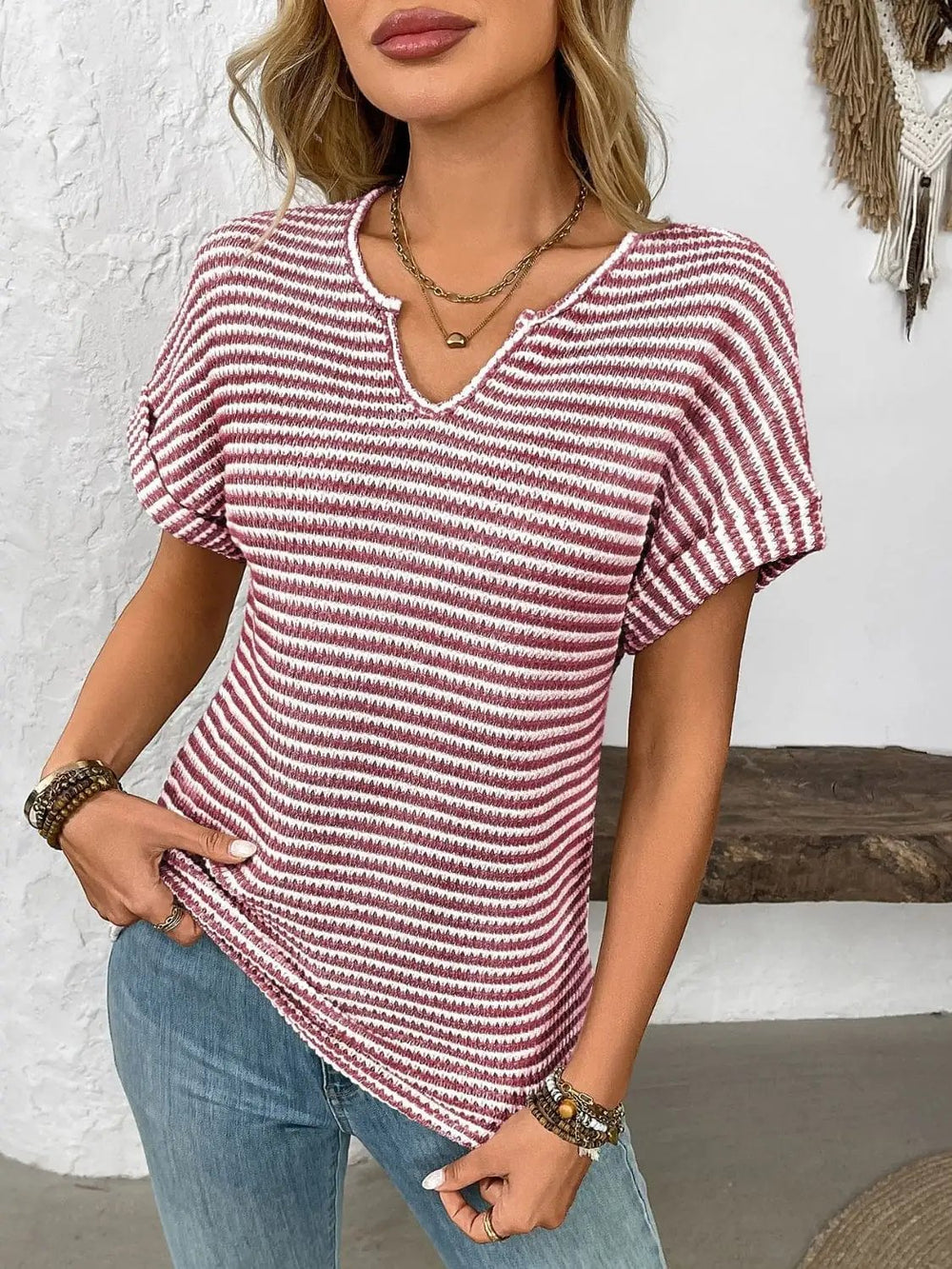 Striped Notched Short Sleeve T-Shirt - Trendsi