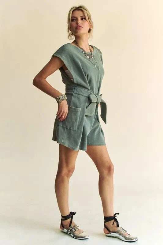 Davi & Dani Acid-Washed Waffle Knit Cuffed Sleeves Romper - Trendsi - Flyclothing LLC