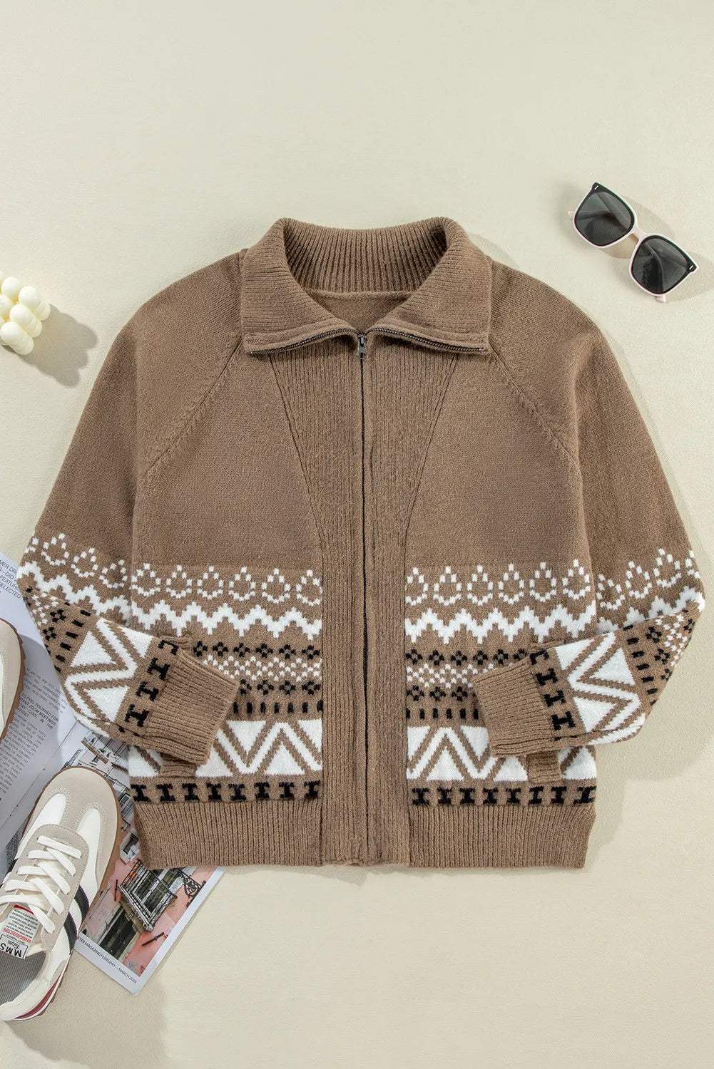 Zip Up Long Sleeve Geometric Cardigan - Trendsi - Flyclothing LLC
