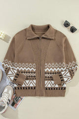Zip Up Long Sleeve Geometric Cardigan - Trendsi - Flyclothing LLC