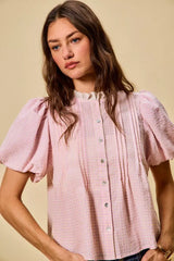 SO ME Gingham Lace Trim Button Bubble Sleeves Blouse - Trendsi - Flyclothing LLC