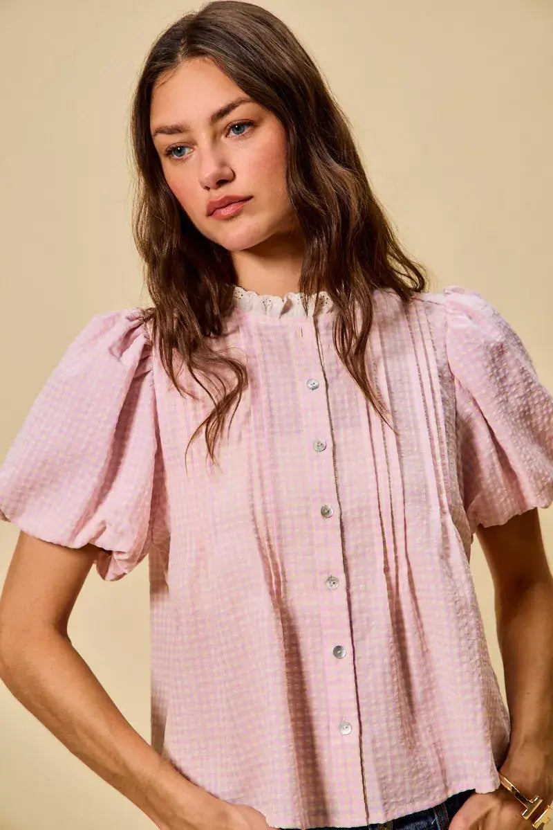 SO ME Gingham Lace Trim Button Bubble Sleeves Blouse - Trendsi - Flyclothing LLC