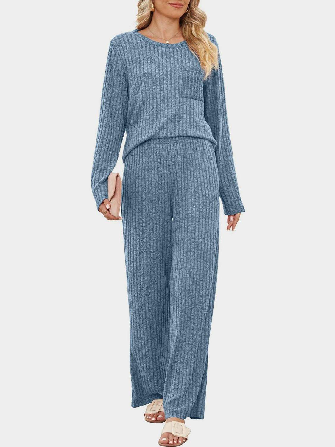 Round Neck Long Sleeve Top and Pants Set - Trendsi - Flyclothing LLC
