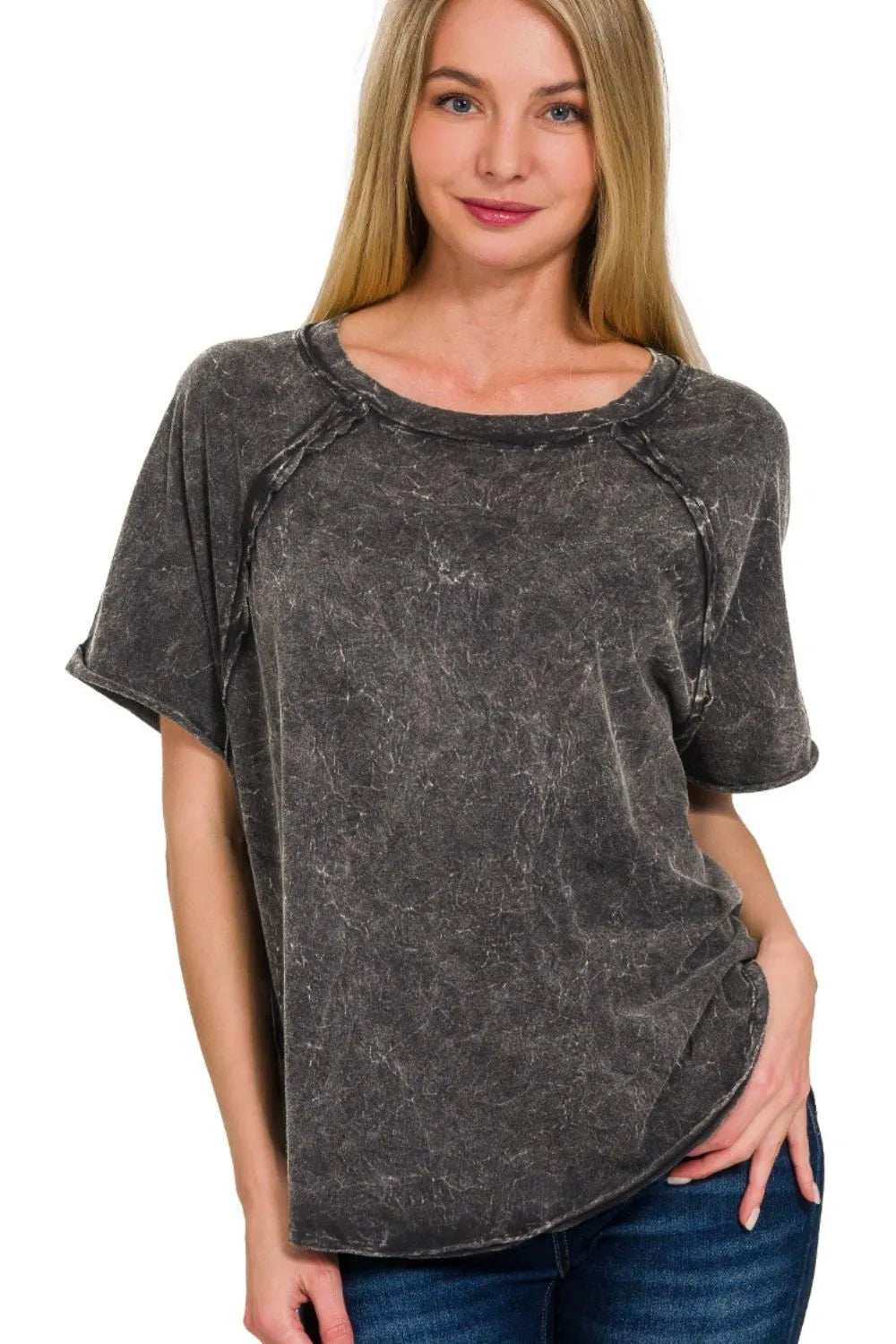 Zenana Back Patch Crinkle Washed Raglan Sleeve T-Shirts - Trendsi - Flyclothing LLC