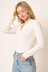 Mittoshop Polo Long Sleeve Ribbed Knit Top - Trendsi - Flyclothing LLC