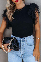 Ruffled Round Neck Cap Sleeve Blouse - Trendsi - Flyclothing LLC