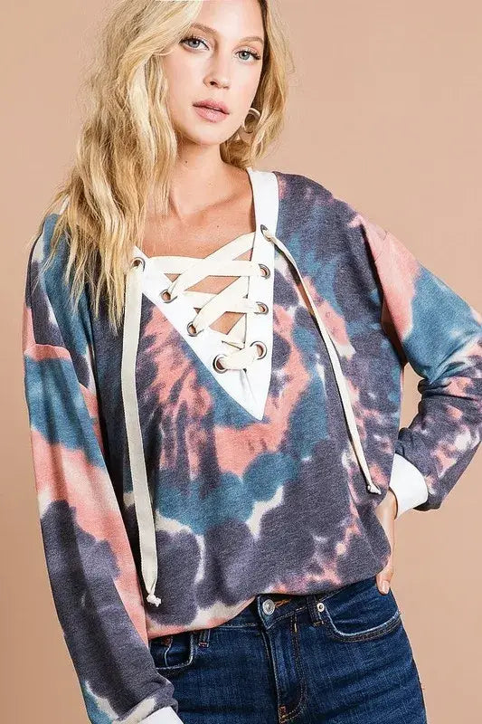 BiBi Tie Dye Deep V-Neck Top with Lace Up Front - Trendsi - Flyclothing LLC