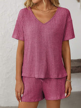 Mandy V-Neck Short Sleeve Top and Shorts Set - Trendsi - Flyclothing LLC