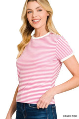 Zenana Striped Contrast Trim Tee - Trendsi - Flyclothing LLC