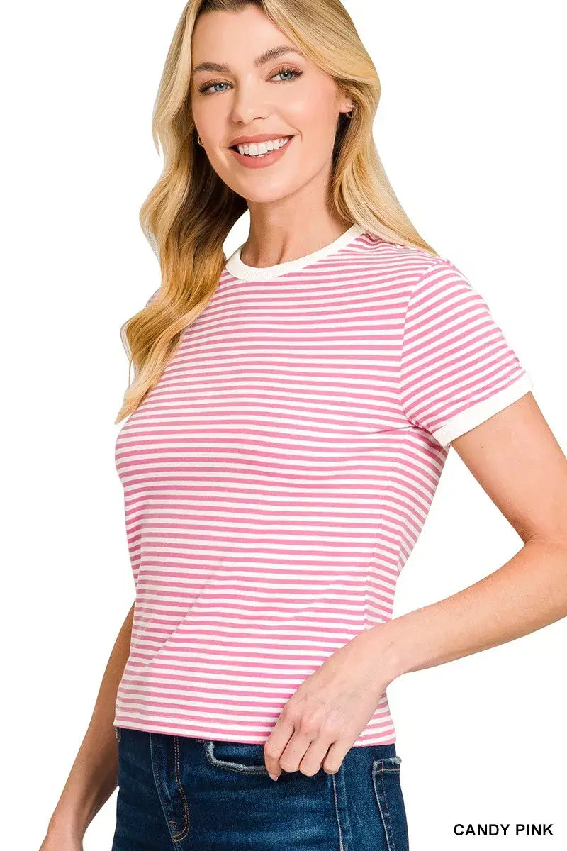 Zenana Striped Contrast Trim Tee - Trendsi - Flyclothing LLC