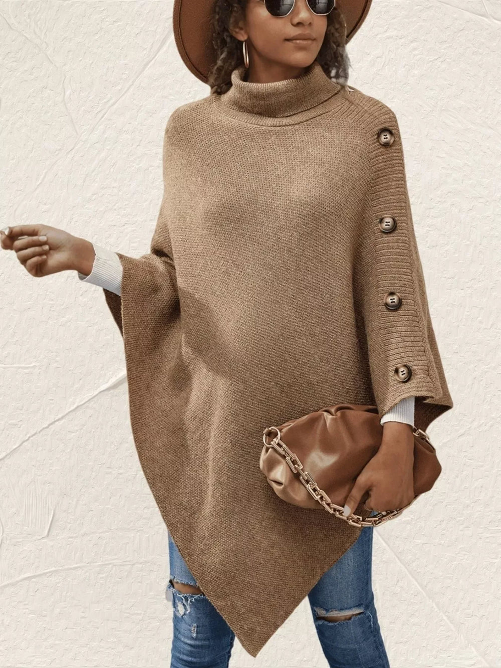 Button-Decor Turtleneck Poncho Pullover - Trendsi - Flyclothing LLC