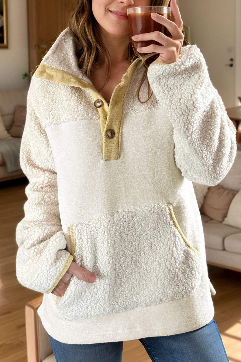 Mock Neck Long Sleeve Sherpa Sweatshirt - Trendsi - Flyclothing LLC