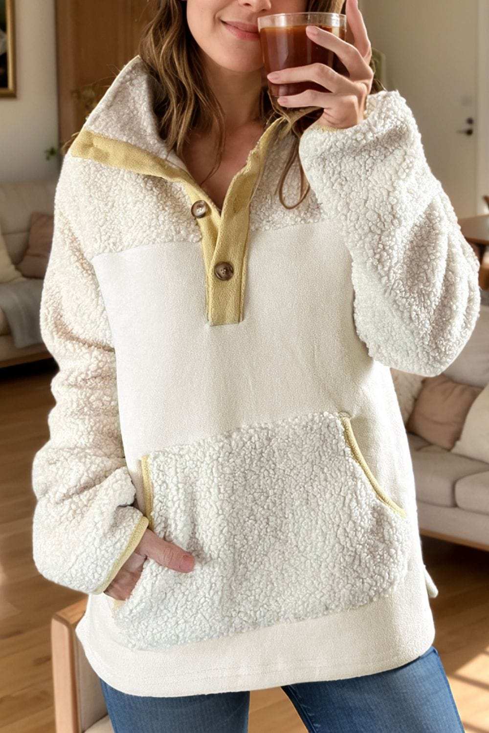 Mock Neck Long Sleeve Sherpa Sweatshirt - Trendsi - Flyclothing LLC