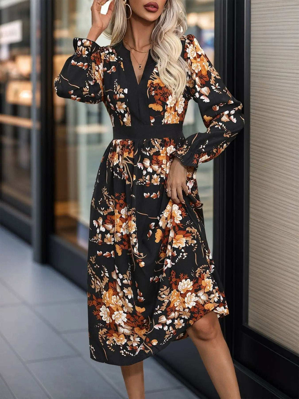 Printed Notched Long Sleeve Midi Dress - Trendsi - Flyclothing LLC