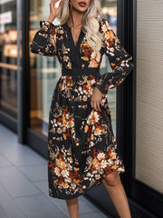 Printed Notched Long Sleeve Midi Dress - Trendsi