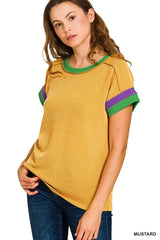 Zenana Mardi Gras Raised Rib Contrast Trim Top - Trendsi - Flyclothing LLC