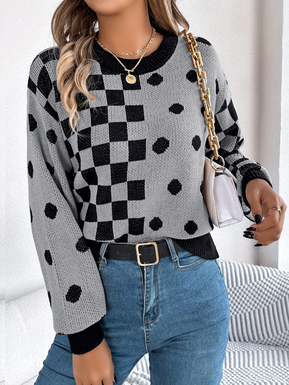 Plaid Round Neck Long Sleeve Sweater - Trendsi