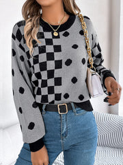 Plaid Round Neck Long Sleeve Sweater - Trendsi