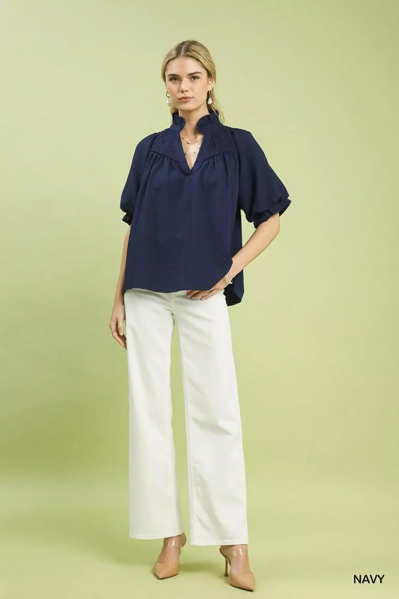 Umgee Textured Smocked Yoke Split-Neck Top - Trendsi - Flyclothing LLC