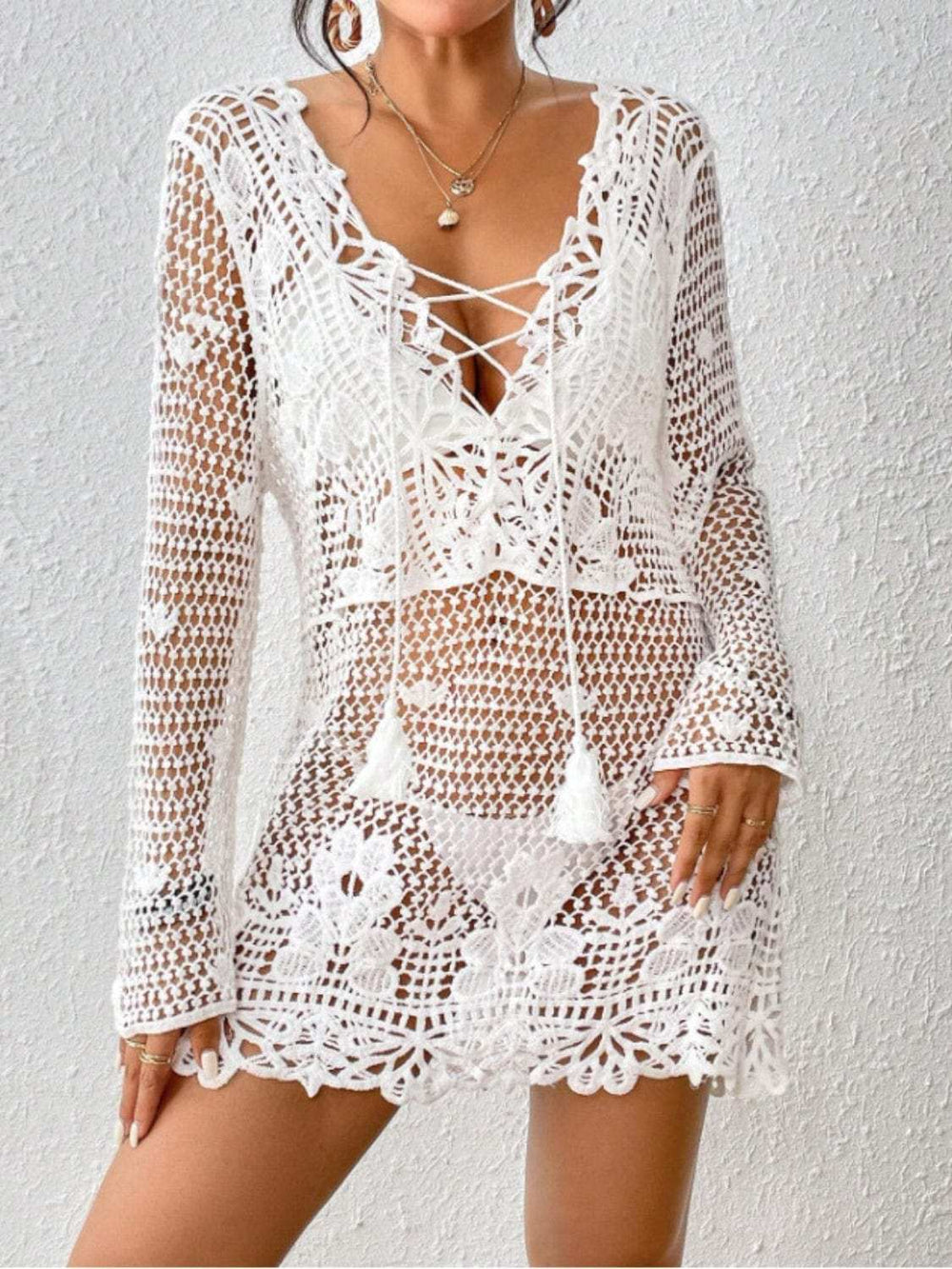 Cutout Tied V-Neck Long Sleeve Cover Up - Trendsi - Flyclothing LLC