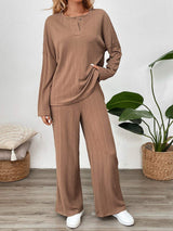 Perfee Quarter Button Long Sleeve Top and Pants Set - Trendsi - Flyclothing LLC