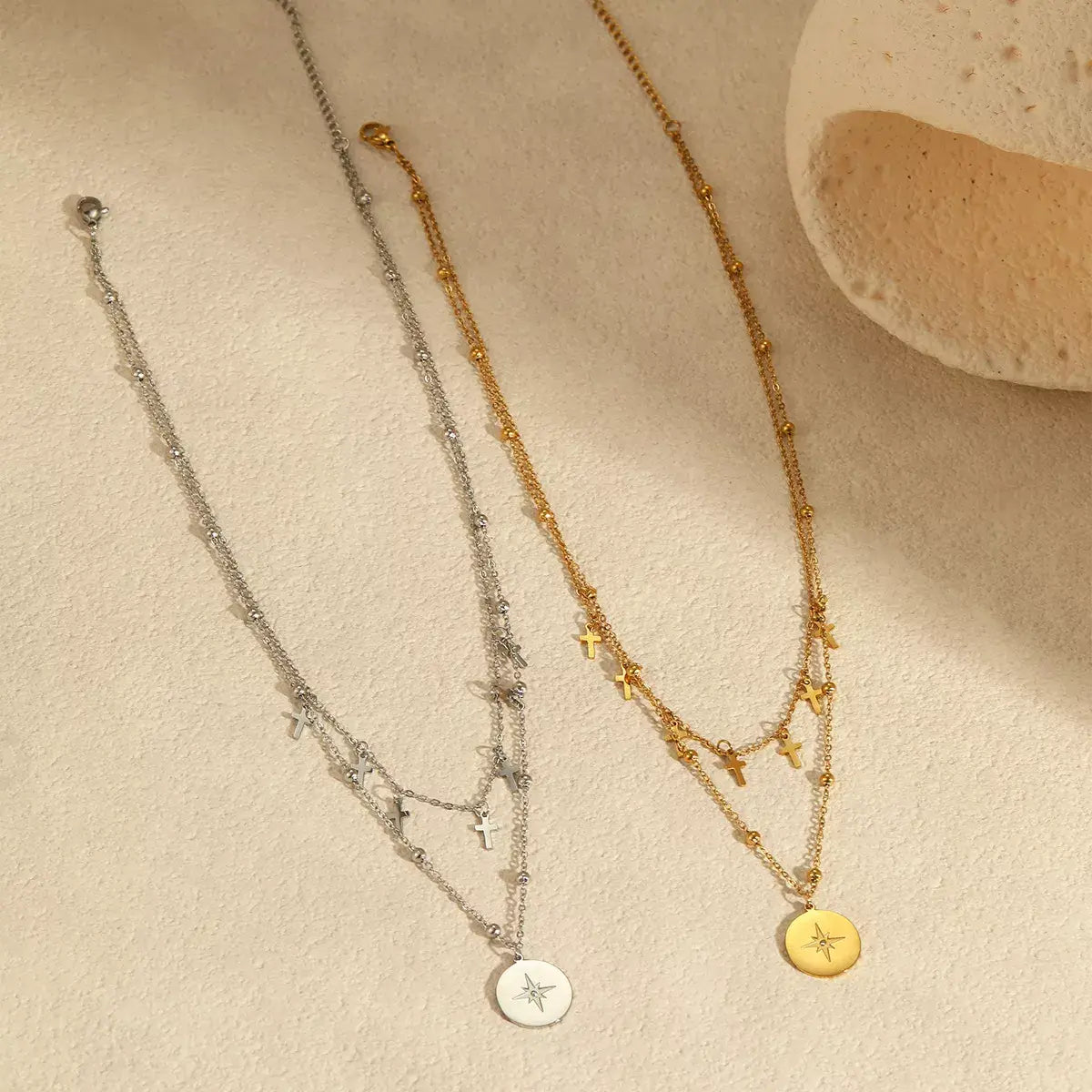 18K Gold-Plated Cross Double Layered Pendant Necklace - Trendsi - Flyclothing LLC