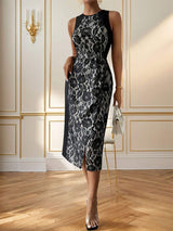 Slit Rose Round Neck Sleeveless Midi Dress - Trendsi - Flyclothing LLC