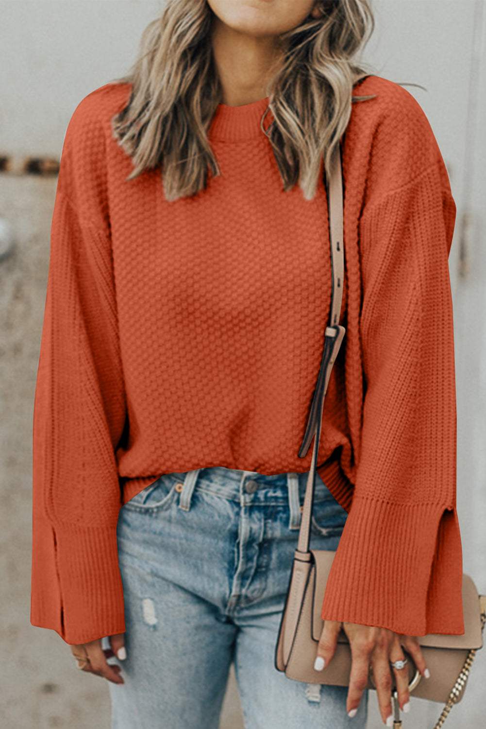 Textured Round Neck Long Sleeve Sweater - Trendsi - Flyclothing LLC
