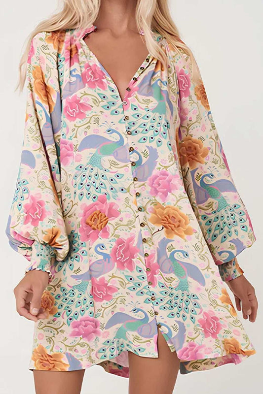 Printed Notched Lantern Sleeve Dress - Trendsi - Flyclothing LLC