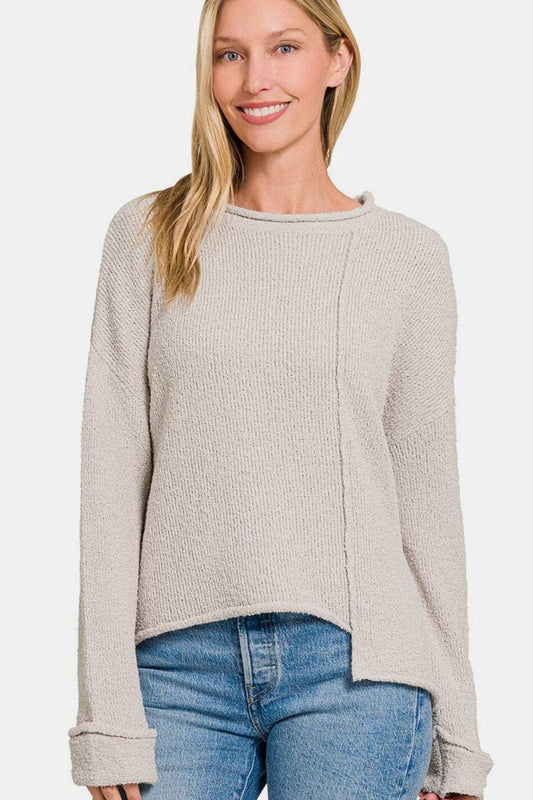 Zenana Asymmetric Hem Drop Shoulder Sweater - Trendsi - Flyclothing LLC