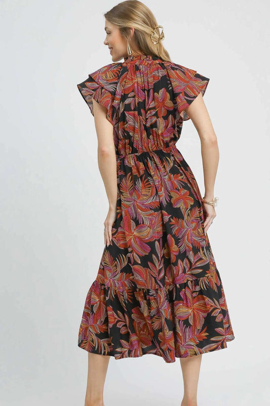 Umgee Mix Ruffle Sleeve Tropical Midi Dress - Trendsi - Flyclothing LLC