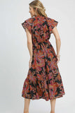 Umgee Mix Ruffle Sleeve Tropical Midi Dress - Trendsi