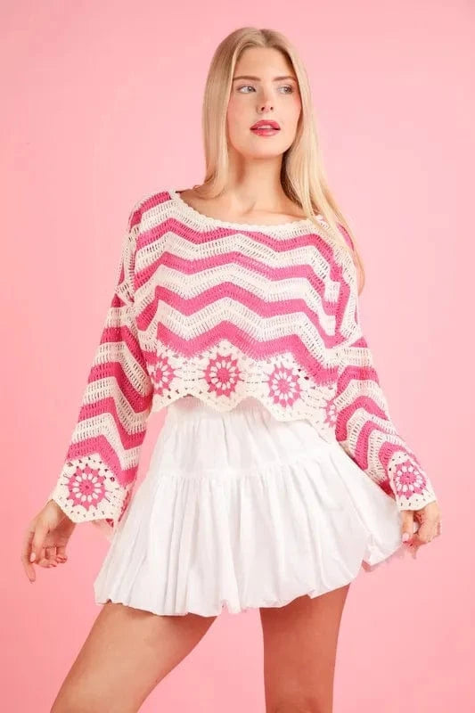 VERY J Chevron/Floral Pattern Crochet Knit Top - Trendsi