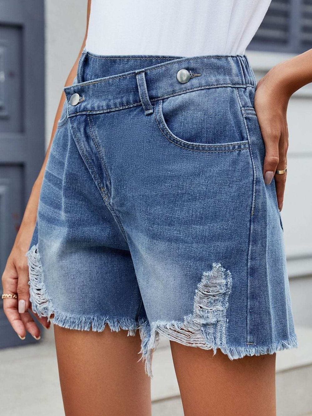 Distressed Raw Hem Asymmetrical Waist Denim Shorts - Trendsi - Flyclothing LLC