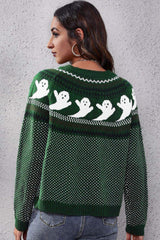 Ghost Pattern Round Neck Long Sleeve Sweater - Trendsi - Flyclothing LLC
