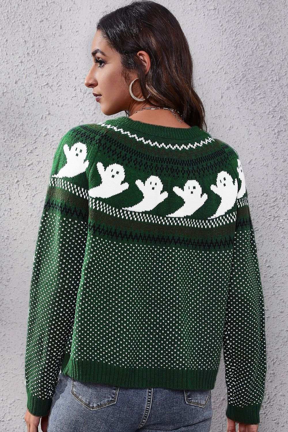 Ghost Pattern Round Neck Long Sleeve Sweater - Trendsi - Flyclothing LLC