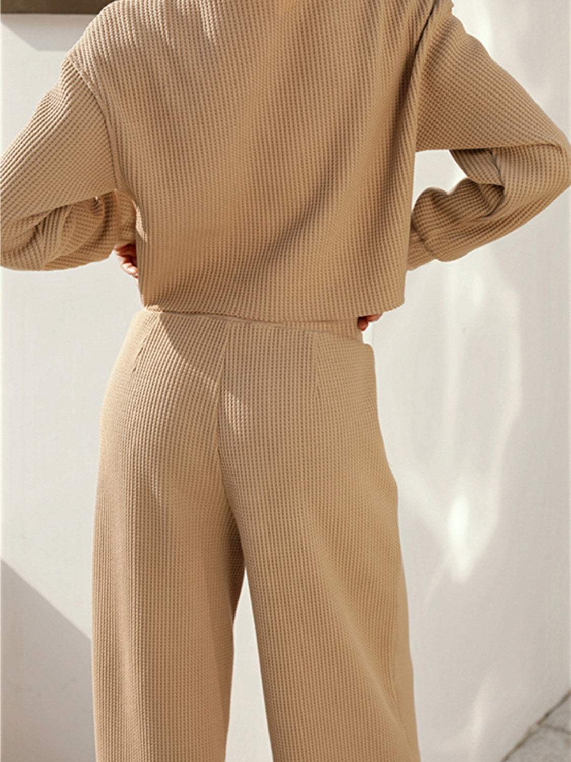 Waffle-Knit Round Neck Top and Pants Set - Trendsi - Flyclothing LLC