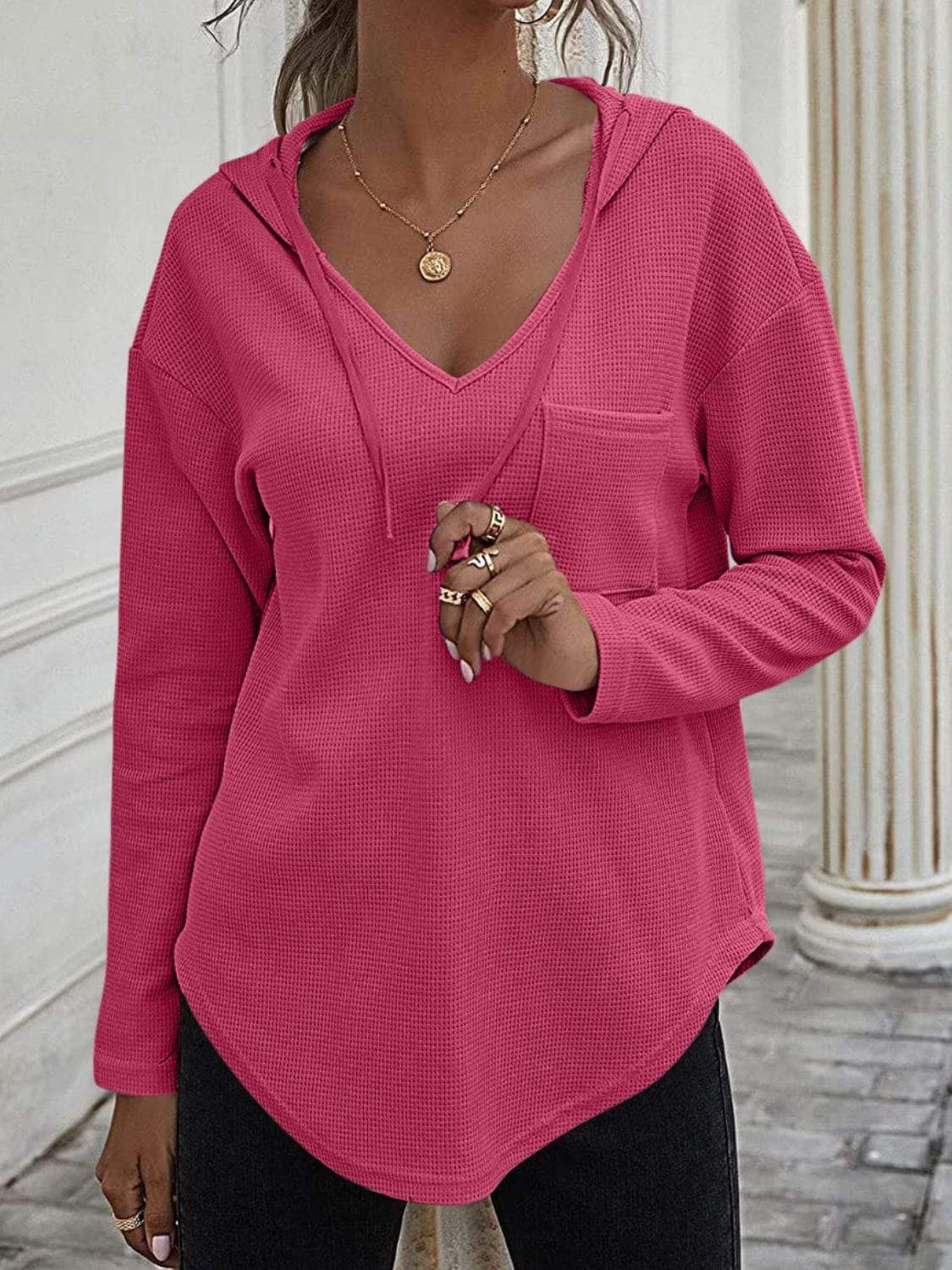 Drawstring Waffle Knit Long Sleeve Hooded Top - Trendsi - Flyclothing LLC