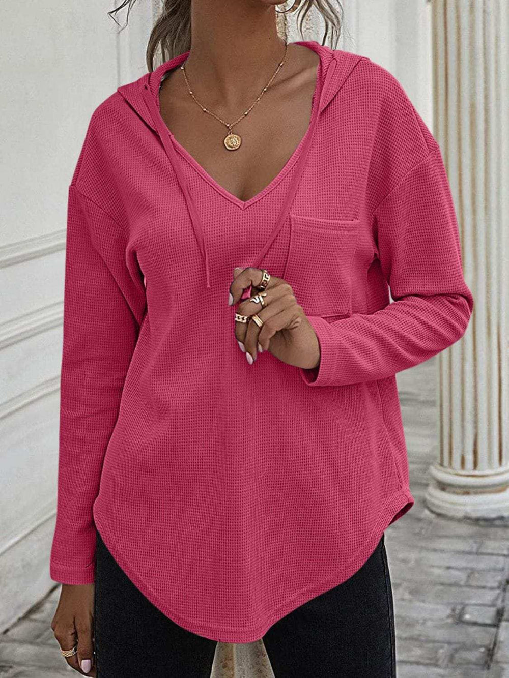 Drawstring Waffle Knit Long Sleeve Hooded Top - Trendsi - Flyclothing LLC