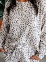 Spiral Ribbed Floral Print Long Sleeve Henley Top Drawstring Short Set - Trendsi - Flyclothing LLC