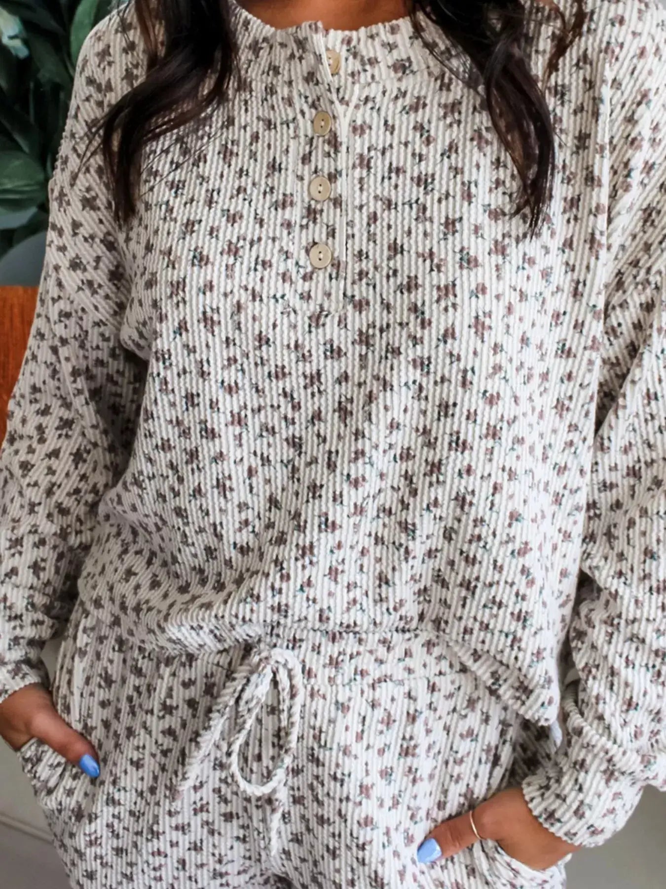 Spiral Ribbed Floral Print Long Sleeve Henley Top Drawstring Short Set - Trendsi - Flyclothing LLC