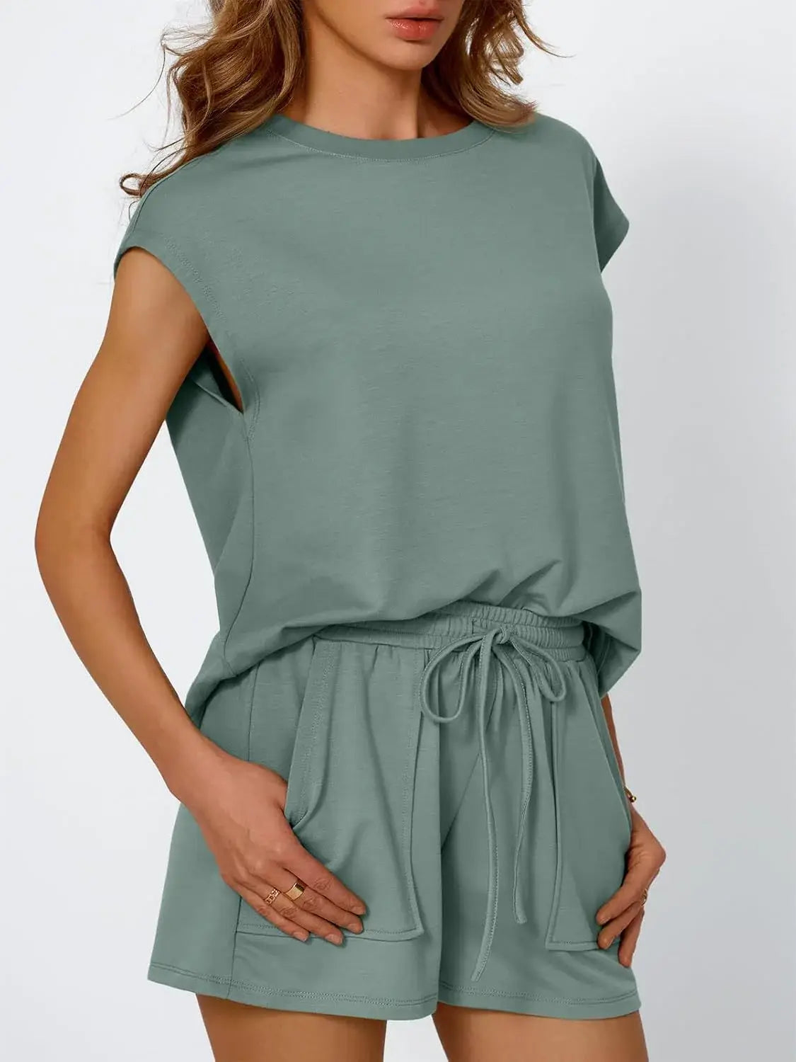 Round Neck Cap Sleeve Top and Shorts Set - Trendsi - Flyclothing LLC