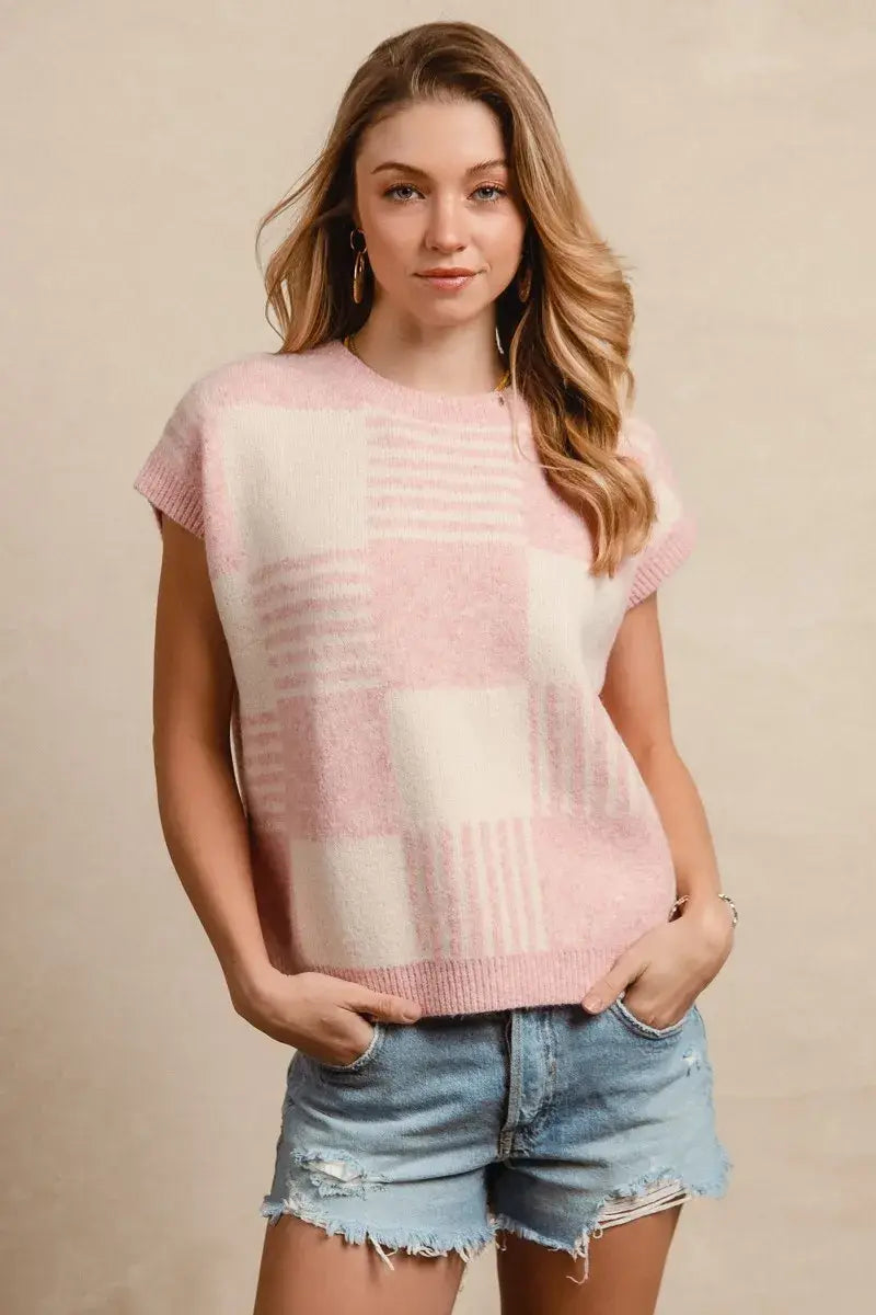 BiBi Checker With Stripes Pattern Sleeveless Sweater - Trendsi - Flyclothing LLC