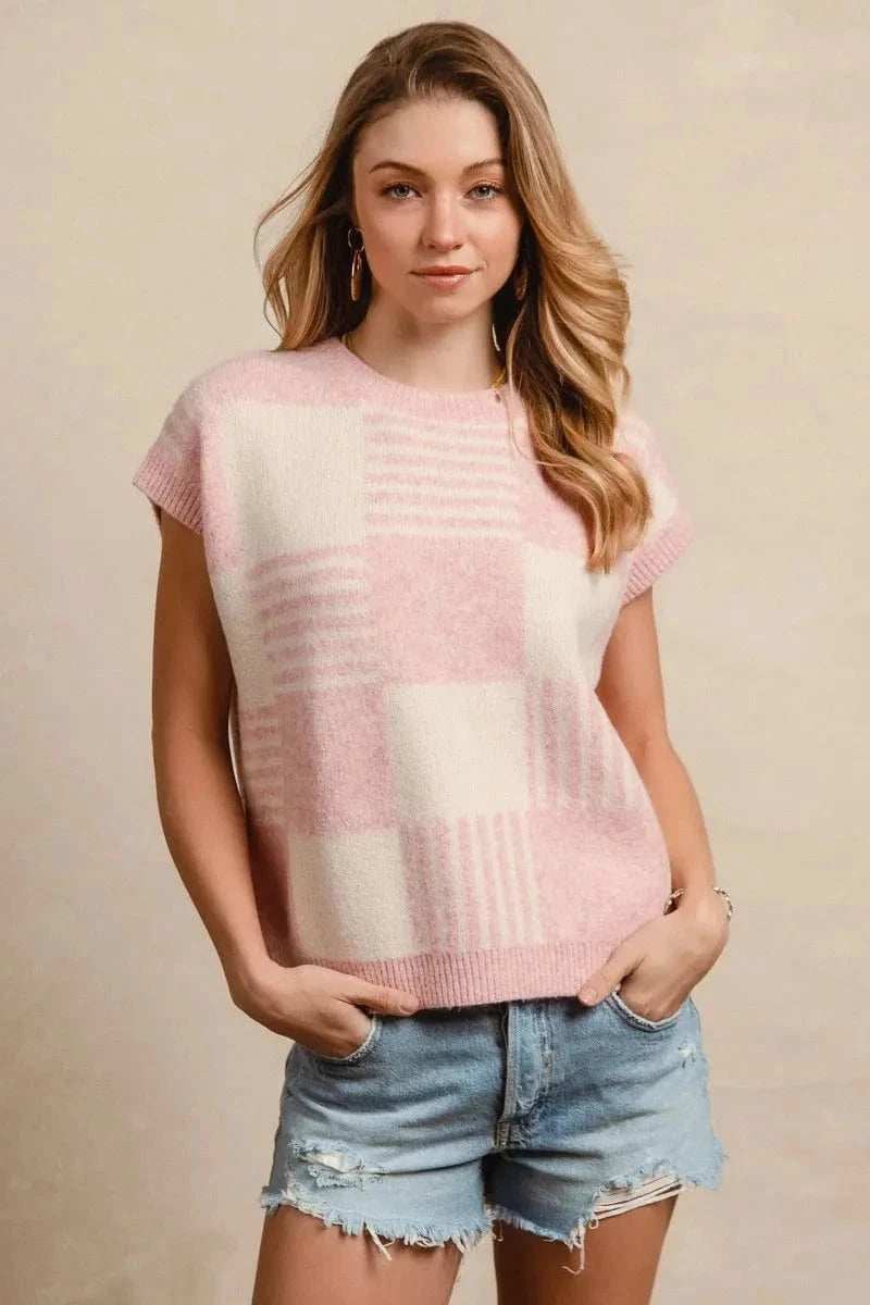 BiBi Checker With Stripes Pattern Sleeveless Sweater - Trendsi - Flyclothing LLC