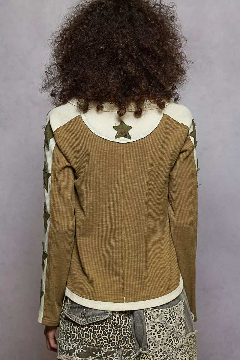 POL Round Neck Long Sleever T-Shirt with Star Patch - Trendsi - Flyclothing LLC