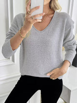 Casual V-Neck Drop Shoulder Sweater - Trendsi - Flyclothing LLC