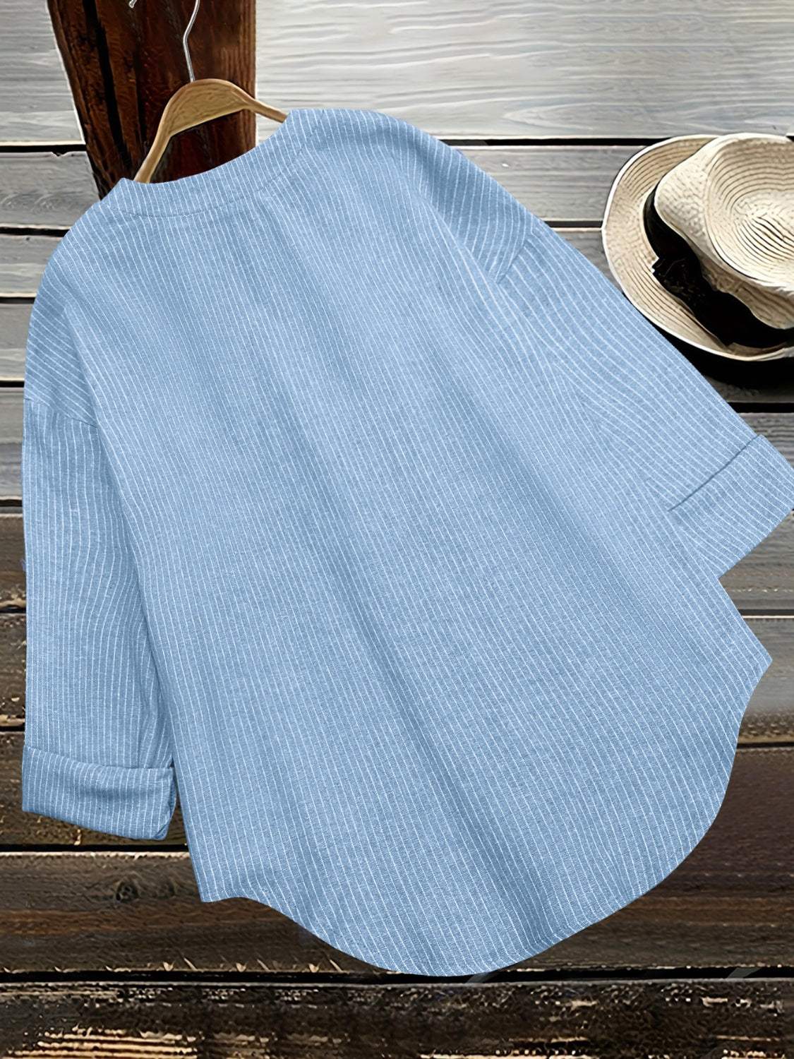 Striped Notched Long Sleeve Blouse - Trendsi - Flyclothing LLC
