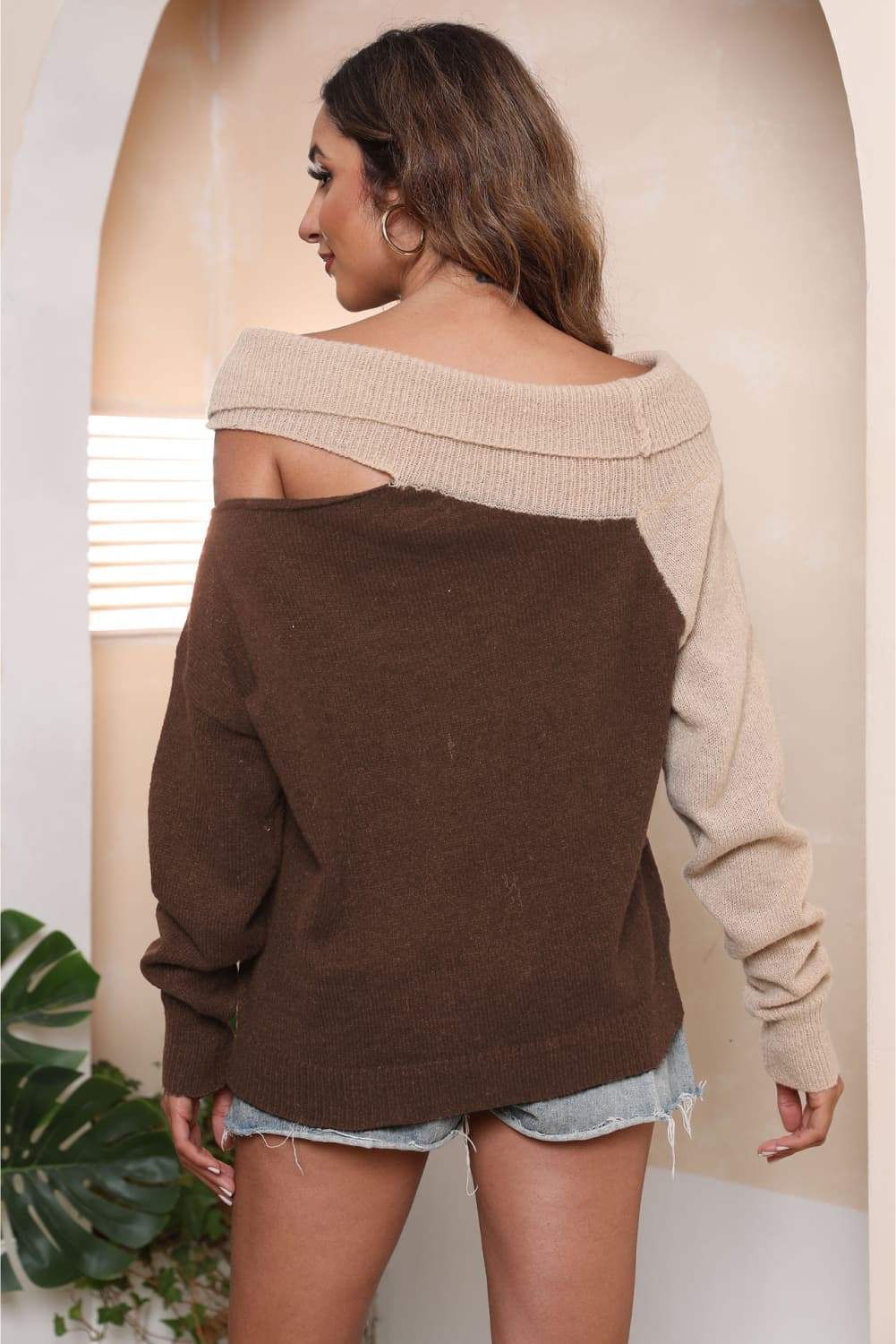 Asymmetrical Long Sleeve Two-Tone Cutout Sweater - Trendsi - Flyclothing LLC