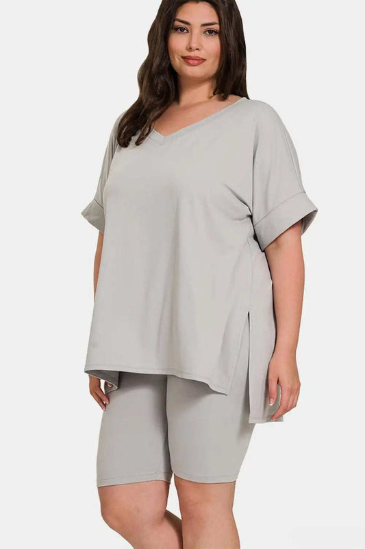 Zenana Full Size V-Neck Short Sleeve Slit T-Shirt and Shorts Set - Trendsi - Flyclothing LLC