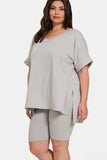 Zenana Full Size V-Neck Short Sleeve Slit T-Shirt and Shorts Set - Trendsi - Flyclothing LLC